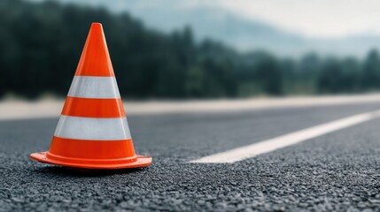 Orange Traffic Cone on Asphalt Road Surface with Blurred Background and Natural Landscape in Distant View