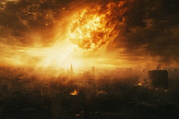 Destruction unfolds in a city as a massive explosion lights up the sky during a cataclysmic event at dusk