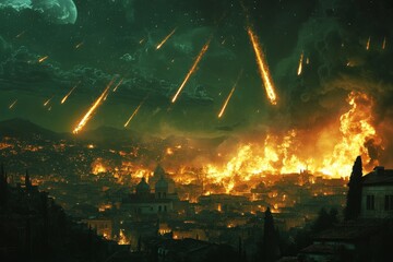 Fototapeta premium Destruction of a city under meteor shower at night with vibrant flames engulfing buildings