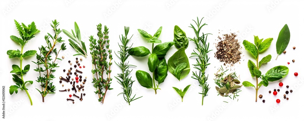 Poster variety of fresh herbs and spices are lying on a white background, creating a vibrant and aromatic d