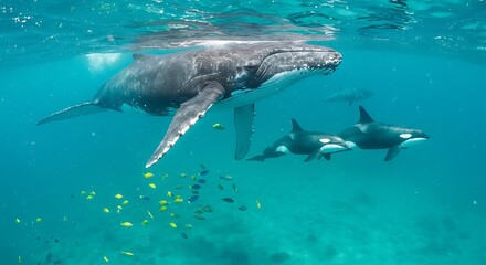 Obraz premium Majestic large humpback whale swimming underwater with orcas and small fish, concept for marine life conservation, ocean exploration and wildlife documentary
