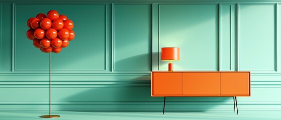 A modern interior featuring a colorful lamp and decorative object against a teal wall.