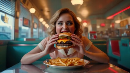 Enjoying a large burger and fries in a classic diner setting