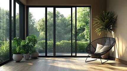 Serene Indoor Oasis: Modern Living Space with Lush Greenery and Panoramic Views