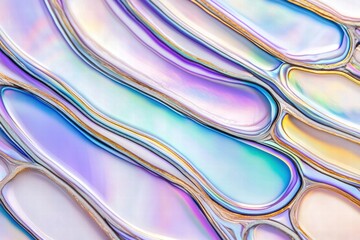 Close-up view of an iridescent abalone shell displaying soft pastel hues and intricate pearl-like textures with shimmering highlights