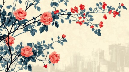 Elegant Rose Branches with Delicate Red Flowers