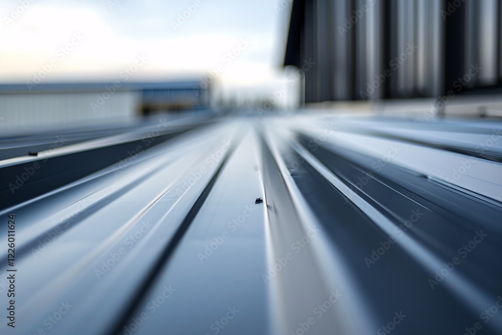 Poster close-up photo of metal sheets stacked during roof construction with shallow depth of field