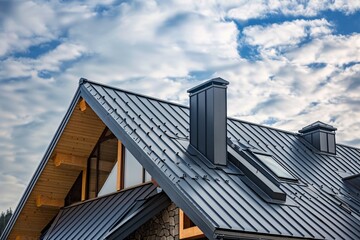 Modern metal roof is being installed on a house with skylights and chimneys under a blue sky with clouds