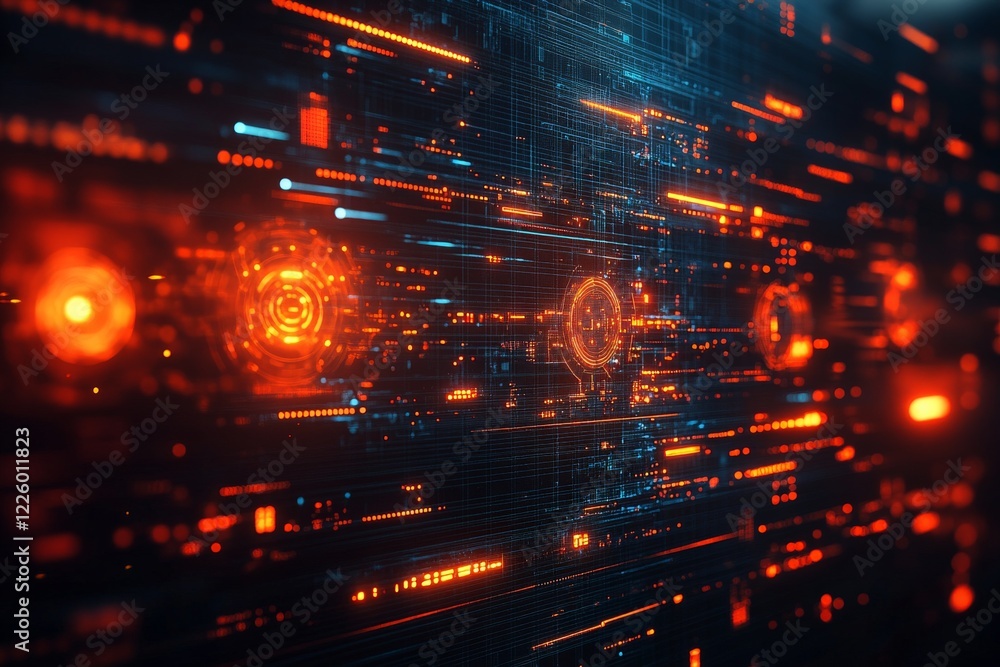 Poster Dynamic abstract digital artwork showcasing vibrant orange and blue patterns reminiscent of technology and data flow in a futuristic setting