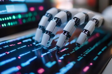 Robotic hand interacts with a digital interface displaying colorful data and code in a modern technology setting