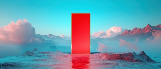 A vibrant red door stands alone in a surreal landscape with colorful clouds and mountains.