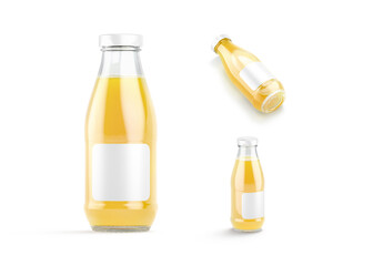 Blank transparent glass pineapple juice bottle mockup, different views