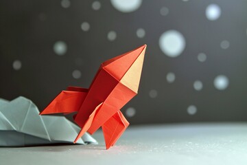 Red origami rocket launching from grey planet with dark sky and stars in the background