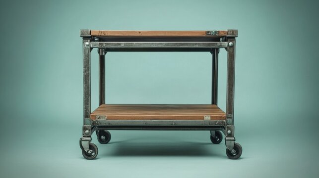 A robust industrial storage unit with open wooden shelves and a metal frame on a pale teal background.