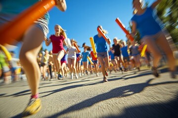 Exciting day of a fun run event with participants racing down the street on a sunny afternoon