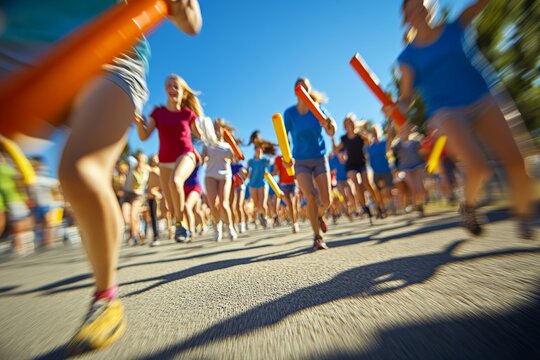 Exciting day of a fun run event with participants racing down the street on a sunny afternoon