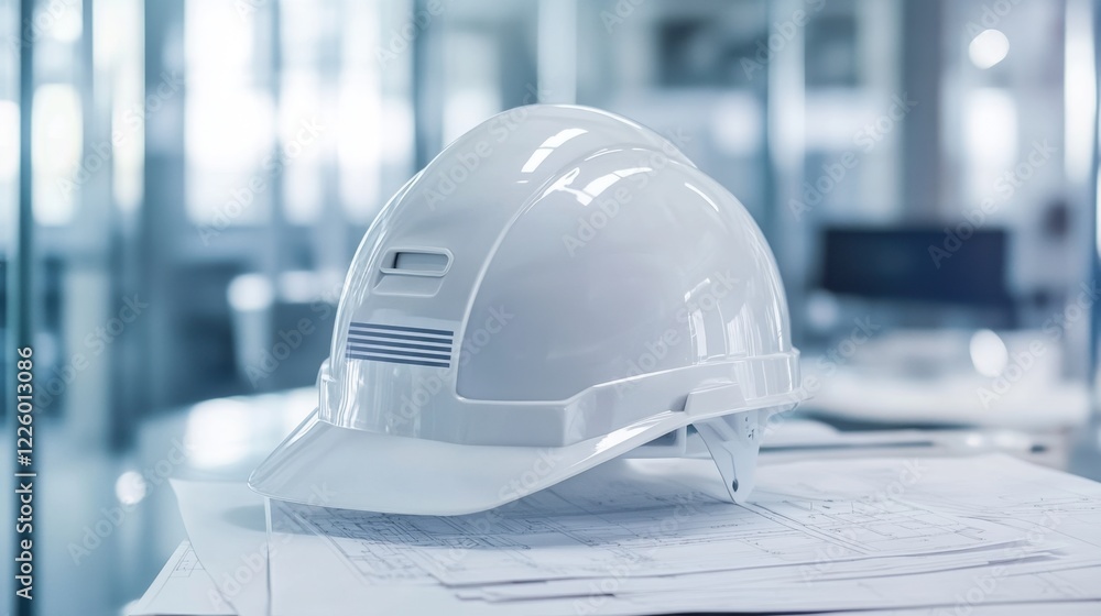 Poster a safety helmet with a custom logo displayed on a desk with project plans.