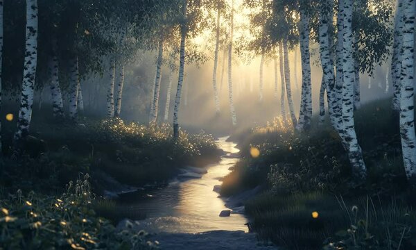 Magical Birch Forest with a Babbling Brook and Falling Leaves. Fantasy Style Looping. Animated Background / Wallpaper. VJ / Vtuber / Streamer Backdrop. Seamless Loop.