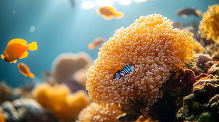 Fototapeta premium Reef fish hiding in coral, underwater scene, ocean background, nature photography, marine life