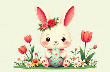 Obraz premium Cute Easter Bunny with Egg and Flowers: Ideal for Children's Projects