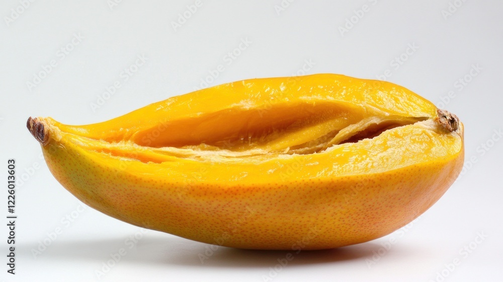 Poster close-up image of a sliced ripe mango on a white surface showing the pulp