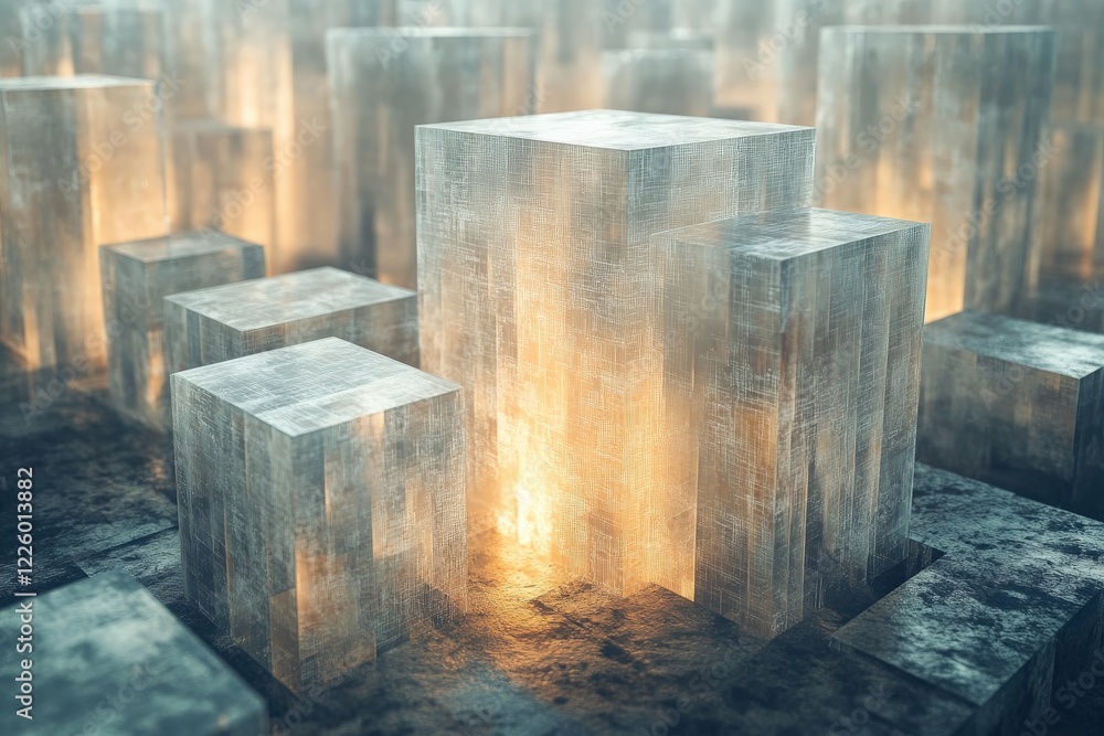 Poster Intricate abstract structures illuminated by warm light in a modern environment