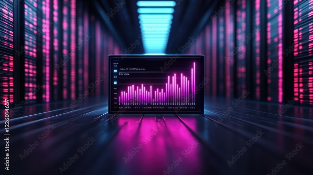 Poster futuristic data visualization on monitor in server room with bright neon lights and digital graphs