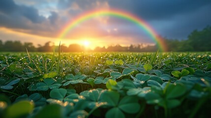 Sunset rainbow over clover field St. Patrick's day