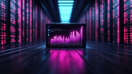Futuristic Data Visualization on Monitor in Server Room with Bright Neon Lights and Digital Graphs