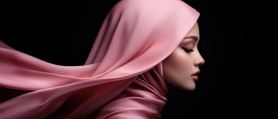 A profile of a woman wearing a flowing pink hijab against a dark background.