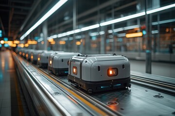 Obraz premium Advanced automated delivery robots moving along a modern urban transport system during nighttime operations