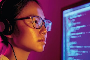 Young woman focused on coding, wearing headphones and glasses