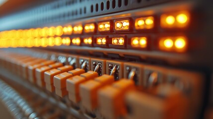 Obraz premium Illuminated Server Rack: A Close-Up View of Network Hardware