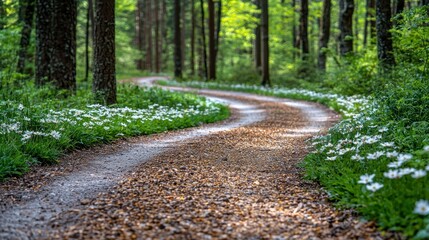 Serene Forest Path: A Winding Road Through Blooming Meadows