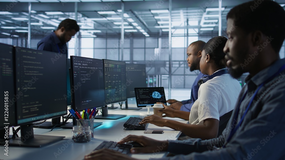 Poster admin in data center drinking coffee and implementing ai predictive maintenance systems. server hub 