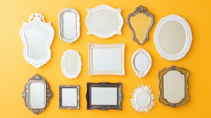 Decorative mirrors of varying shapes and frames on a bright accent wall.