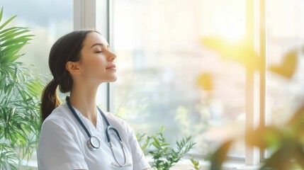 Female medical professional relaxes by a bright window.