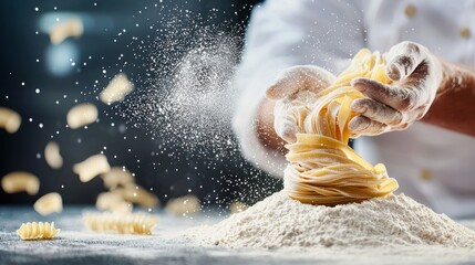 Digital art of chef carefully cutting handmade pasta, flour scattered on the surface, with rich lighting emphasizing texture and detail