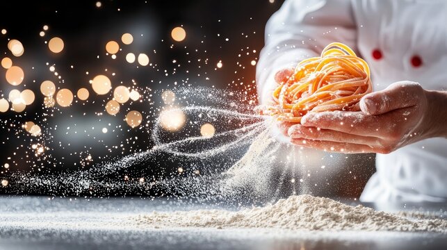 Digital art of chef carefully cutting handmade pasta, flour scattered on the surface, with rich lighting emphasizing texture and detail