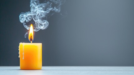 Burning candle with smoke, grey background, remembrance, sympathy card