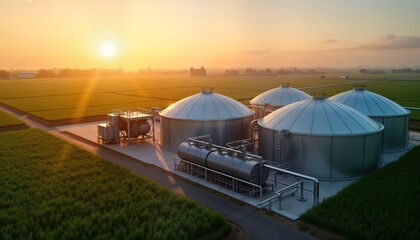 Biogas plant with dome tanks. Modern machinery. Eco-friendly energy production. Rural setting. Sunrise view. Agricultural fields surrounding the plant.