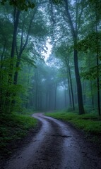 Misty forest path winding through lush green trees.  Use Background image or nature illustration