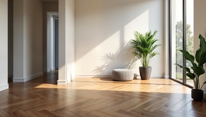 Empty modern room with polished brown hardwood parquet flooring, textured white walls. Natural light streams in through large windows. Stylish, minimalist design. Interior design features include