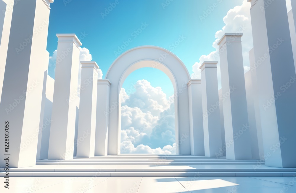 Aufkleber white columns frame archway to sky. empty interior space with light blue sky, puffy clouds. ancient 