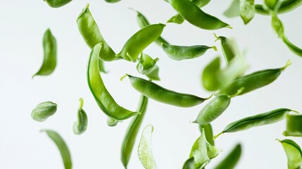 Dynamic close-up of green beans tumbling in motion, suspended in crisp clarity against a seamless white backdrop, natural shadows and highlights
