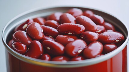 Close-up view of kidney beans in an opened tin can, enhanced with metallic highlights on the can's rim, soft shadows, and a clean white background, cinematic lighting, 4K resolution