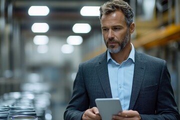 Businessman reviewing data on a tablet in a modern warehouse environment during daylight hours