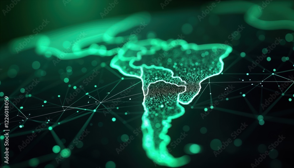 Poster Abstract digital map of South America. Global network concept. Data transfer, cyber technology. Futuristic design with glowing green lines, dots showing connections, information exchange. Dynamic