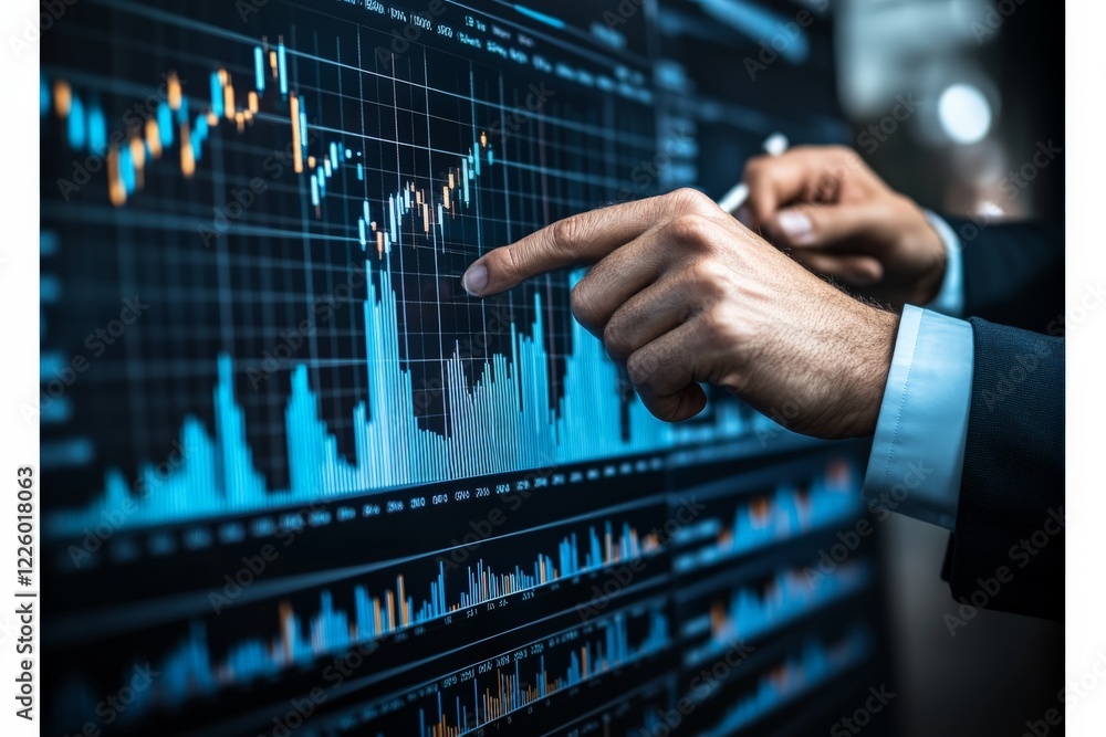 Poster business professional analyzes financial data on a digital screen in a modern office setting during 