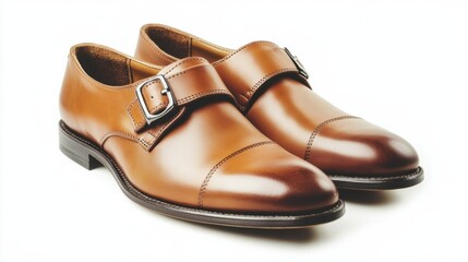 Tan monk strap business shoes with a sleek design, resting on a soft white backdrop.